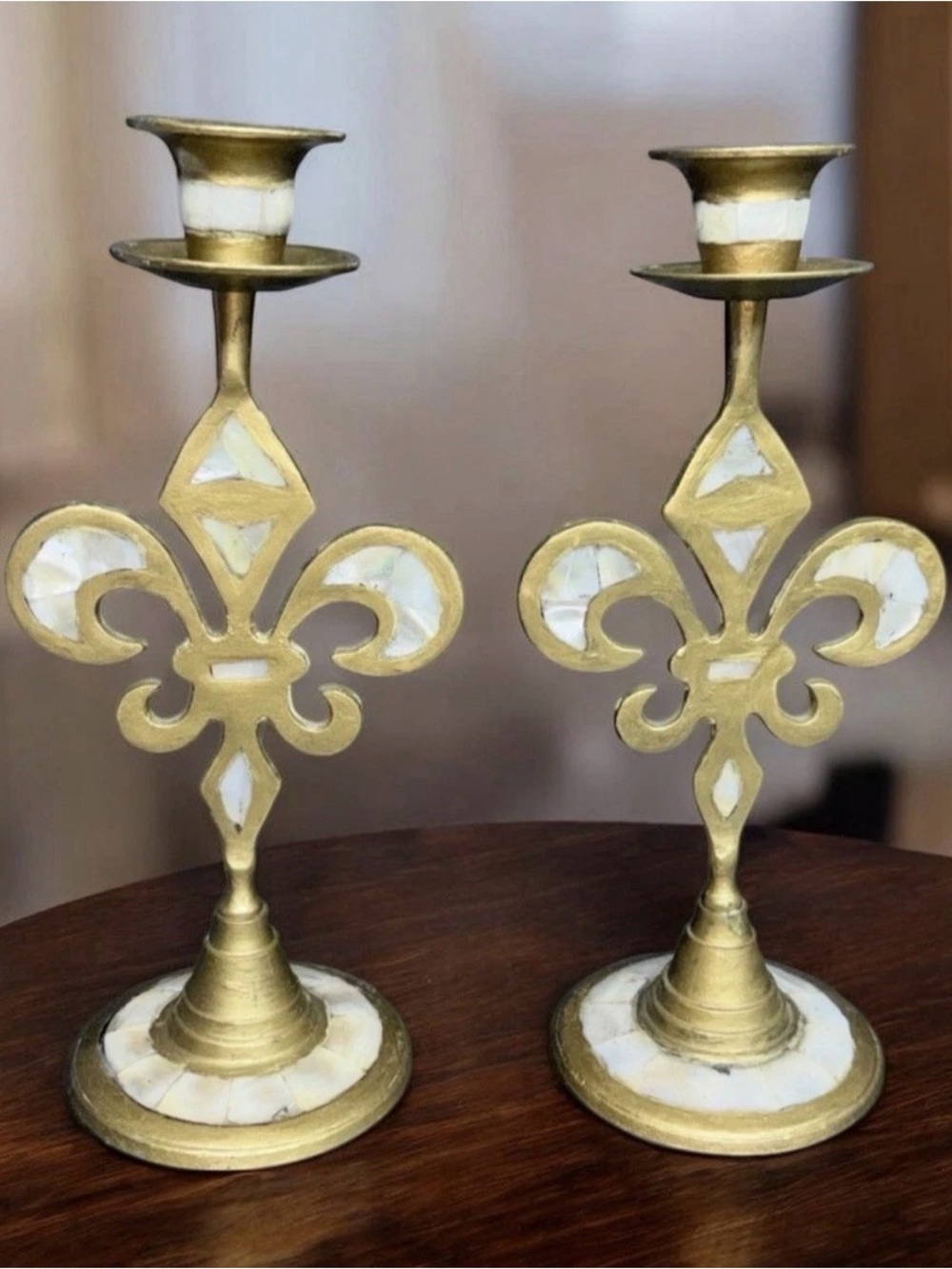 Vtg Brass Fleur de Lis Candlestick Holders Mother of Pearl Inlay Pair 9.5in